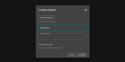 The create project dialog