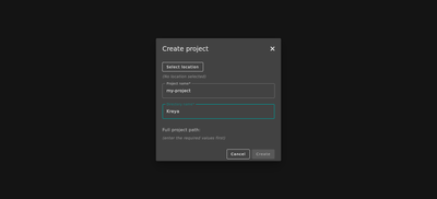 The create project dialog