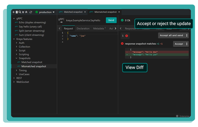 Screenshot displaying Kreya Snapshot tests