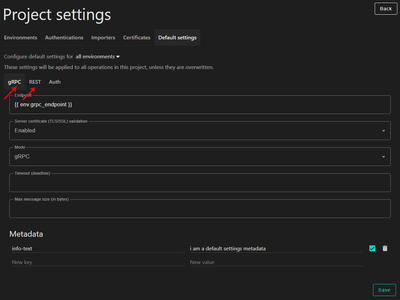 The project default settings view