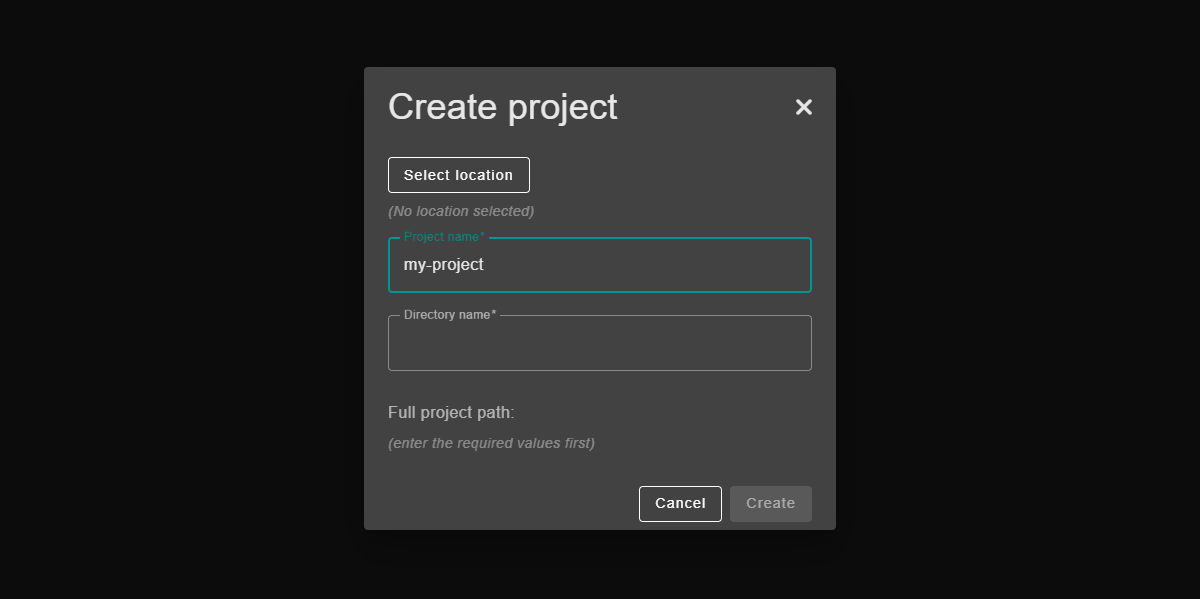 The create project dialog