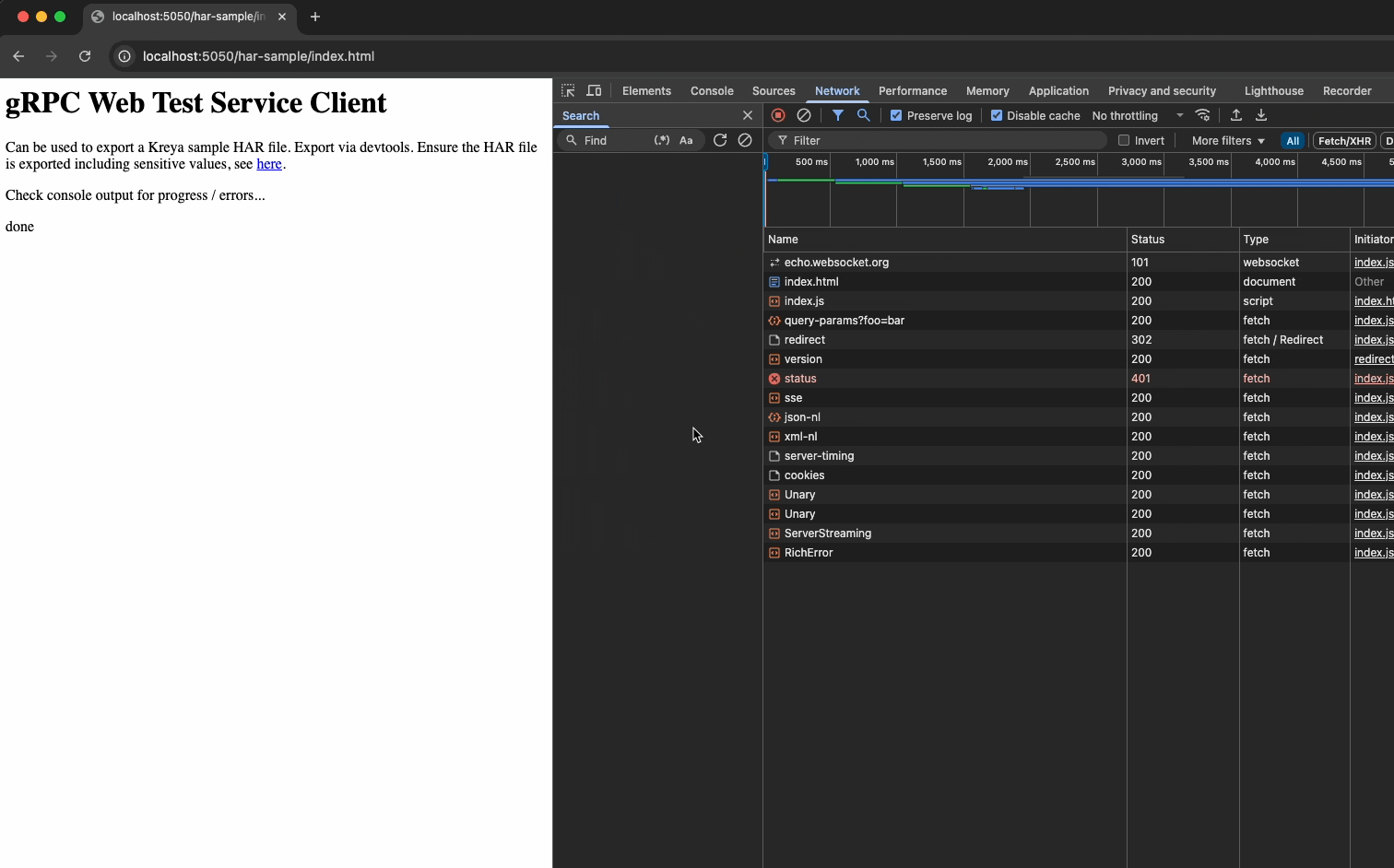 An animation showcasing importing requests with a HAR file.